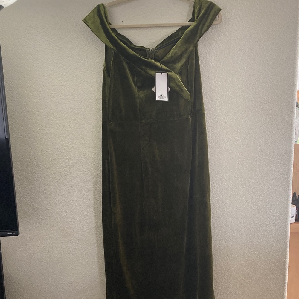 Olive Green Strapless Velvet Evening Dress